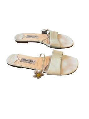 Jimmy Choo Light Grey Metallic Leather Slide Sandals Beaded Floral Detail Sz 41
